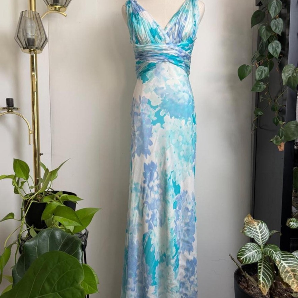 Badgley Mischka Silk Floral Maxi Dress Teal Blue White V-Neck Size 6
